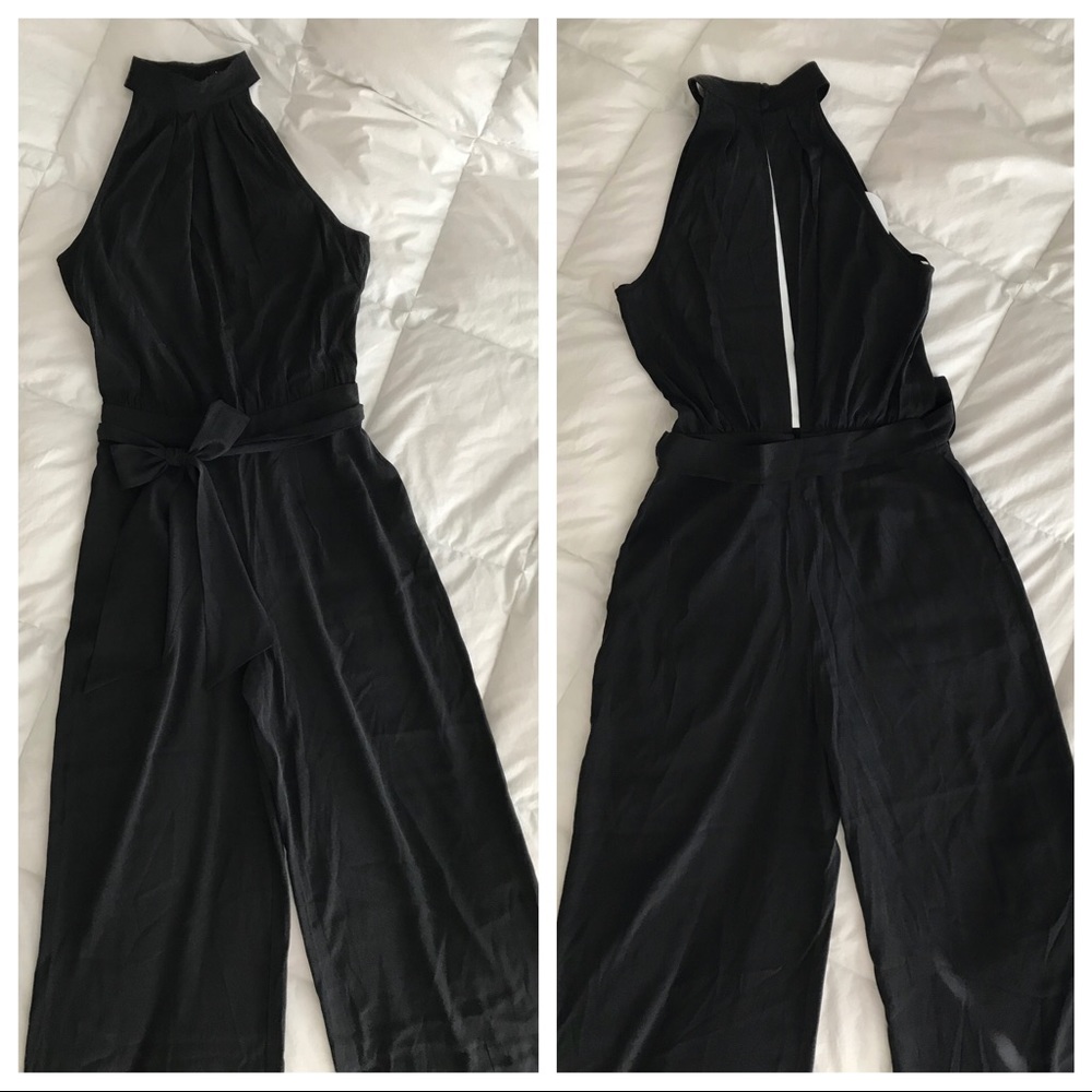 LAST CHANCE! Bebe Black Sand Washed Silk Keyhole Back Jumpsuit